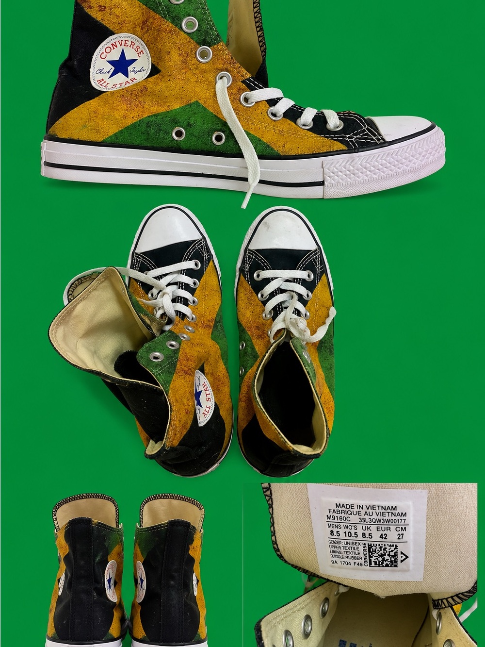 Custom Jamaican Flag Converse High-Tops One-of-a-Kind (Women’s 10.5/Men’s 8.5)
